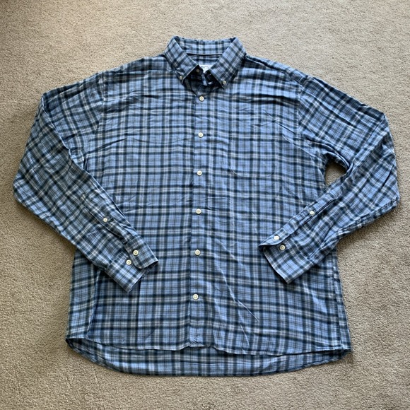 Peter Millar Button Front Plaid Shirt Mens Sz L Long Sleeve Blue 100% Cotton - Picture 1 of 8